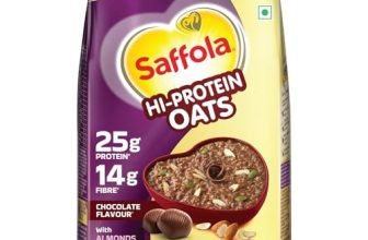 Saffola 25g High Protein Oats | 14g Fibre | 1kg | No Refined Sugar | With Almonds, Raisin, Pumpkin and Chia Seeds | Rolled Oats for Weight management & Muscle gain | Chocolate flavour