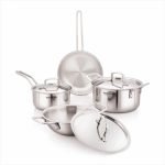 Amazon Basics Triply Stainless Steel Cookware Set 7 Pcs – Deep Kadai(3.4L), Saucepan(1.7L), Casserole(1.8L), Frypan(1.2L) | With 3 Stainless Steel Lids | Dishwasher Safe | Induction and Gas Compatible