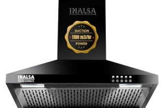 INALSA Pyramid Shape Wall Mount Kitchen Chimney 60 cm|1100 m³/hr Powerful Suction|58 dB Low Noise|Filterless Chimney|Push Button Control|Black Powder Coated Finish|5 Years Motor Warranty|Ekon 60BKFL
