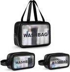 KASHIVAL Clear Travel Toiletry Bags Set, Waterproof Organizer Pouches, Large Capacity Storage Cases for Cosmetics, Accessories, 3 Pack (Black)