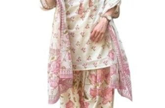 KLOSIA Women’s Floral Printed Farshi Salwar Suit Set with Dupatta | Straight Kurta, Wide-Leg Salwar&Dupatta | Traditional Ethnic Wear Set | Kurta Sets for Women (in, Alpha, M, Off_White)