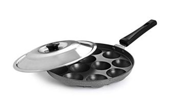 CELLO Aluminium Nonstick 12 Cavity Appam Patra Pan Maker with Steel Lid, Black | Single Bakelite Handle, Gas Stove Compatible Mini Die-Cast Uttappa Paniyarakkal Cup Cake Frying Pan Kadhai for Kitchen