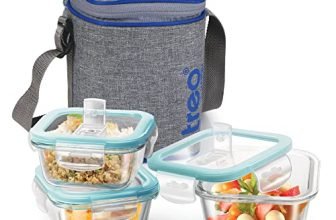 Treo by Milton All Fresh Square Glass Tiffin Containers With Insulated Jacket, 3 Containers, 320 ml Each, Grey | Microwave Safe | Ovensafe | Stackable | Leak Proof | Office | School | College | Picnic