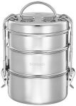 Amazon Brand – Solimo Stainless Steel Tiffin Container | with Retractive, Space-Saving Handles | 3 Compartments, 1240 ml | Silver