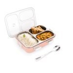 ATTRO Bento 3 Compartment Stainless Steel Lunch Box with Steel Cutlery Inside, Heating & Water Insulation Design Use for Office, School & Travelling, 750 Ml – Pink