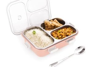 ATTRO Bento 3 Compartment Stainless Steel Lunch Box with Steel Cutlery Inside, Heating & Water Insulation Design Use for Office, School & Travelling, 750 Ml – Pink