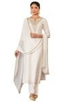 Janasya Women’s Off White Chanderi Silk Gold Zari Yoke Embroidered Straight Kurta Set(JAB25ST02849-M)
