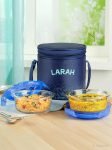 Larah by Borosil Speckle Blue Borosilicate Glass Lunchbox, 2pc Round Set (400ml x 2) Vertical 2 Containers Glass Office Lunch Box(400 ml)