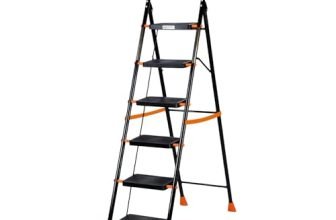 Amazon Basics Curvo-Foldable Step Ladder, Ribbed Steps, Knee Guard, Non-Marring PVC Shoes, 6 Steps (Black & Orange)
