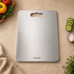 Amazon Brand – Solimo Regular Chopping Slicing, Kneading Board | Stainless Steel | Double Sided | Round Edge | for Vegetables, Fruits (L)