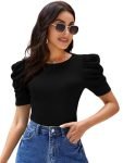 POPWINGS Solid Puff Casual Shirts Round Neck Top Latest Western Tops Summer Black