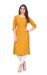 AK Fashion Mall Womens Yellow Crepe Kurti | Straight Fit | Knee-Length | Crew Neck | 3/4 Sleeves | Casual & Office Wear
