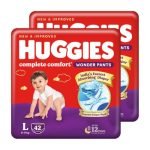 Huggies Complete Comfort Wonder Pants | Pant Style Baby Diapers Large Size (L), 84 Count | India’s Fastest Absorbing Diaper, Prevents Diaper Rash, Ideal for 9 to 14 Kgs (42 Count, Pack of 2)