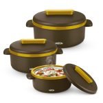 MILTON Micronova Jr. Gift Set Inner Stainless Steel Casserole, Set of 3 (380 ml, 775 ml, 1345 ml), Dark Brown, BPA Free, Food Grade, Hot and Cold, Microwaverable Steel, Dishwasher Safe, Chapati, Roti
