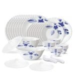 Larah by Borosil 47 Pc Morning Glory Opalware Dinner Set for Family of 8, Microwave & Dishwasher Safe Silk Series Crockery for Dining & Gifting, Bone Ash Free Plates & Bowls