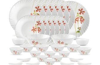 La Opala Novo Collection Opal Glass Crockery | for Family of 6 | Dinner Set 35 pcs Coral Charm | Plates & Bowls for Dining | Microwave Safe | 100% Vegetarian | Extra Strong | Light & White
