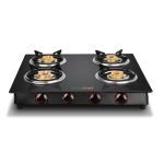 GREENCHEF Elon Glass cook top Four Burner Gas stove,Black Body (Manual Ignition), toughened glass top, Compact Design, pan support – ISI certified (4)