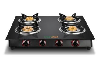 GREENCHEF Elon Glass cook top Four Burner Gas stove,Black Body (Manual Ignition), toughened glass top, Compact Design, pan support – ISI certified (4)