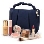 Cortina Large Travel Toiletry & Makeup Organizer Bag – for Men & Women – Portable Cosmetic Storage Bag with Handle & Zipper Closure – Dark-Blue