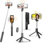 K2 Selfie Stick Tripod Stand, 3 in 1 Multifunctional Design, Rechargable LED Light with Two Brighness Levels for Make up, Selfie & Photo Shoot, Selfie Stick with Bluetooth Remote (70cm with light)