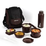 CELLO MF All In One Lunch Box with Bag for Office Use, Brown | 225ml, 375ml, 550ml Microwave Safe Containers, 175ml Salad Box, 500ml Bottle with Fork & Spoon, Airtight Leak Proof Tiffin Box for Travel